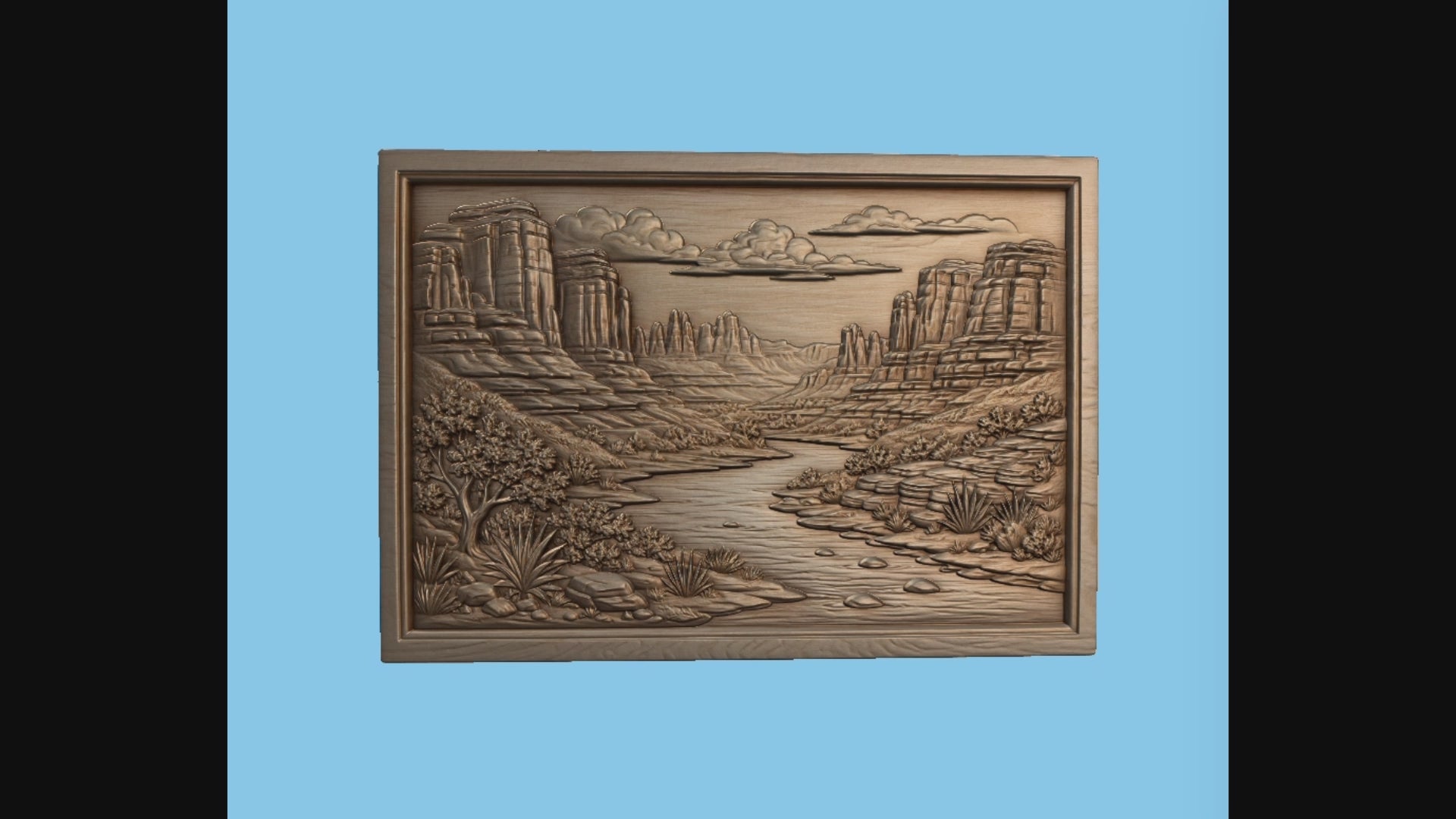 CNC & impression 3D relief canyon désertique, rivière, falaises et paysage western, sculpture bois fichier STL