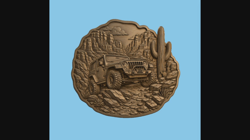CNC & impression 3D relief 4x4 tout-terrain désert western, cactus canyon, fichier bois sculpté STL très haute qualité