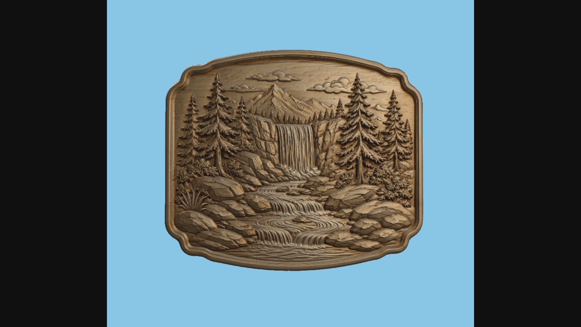 CNC & impression 3D relief cascade de montagne, sapins, rochers et rivière, sculpture bois fichier STL