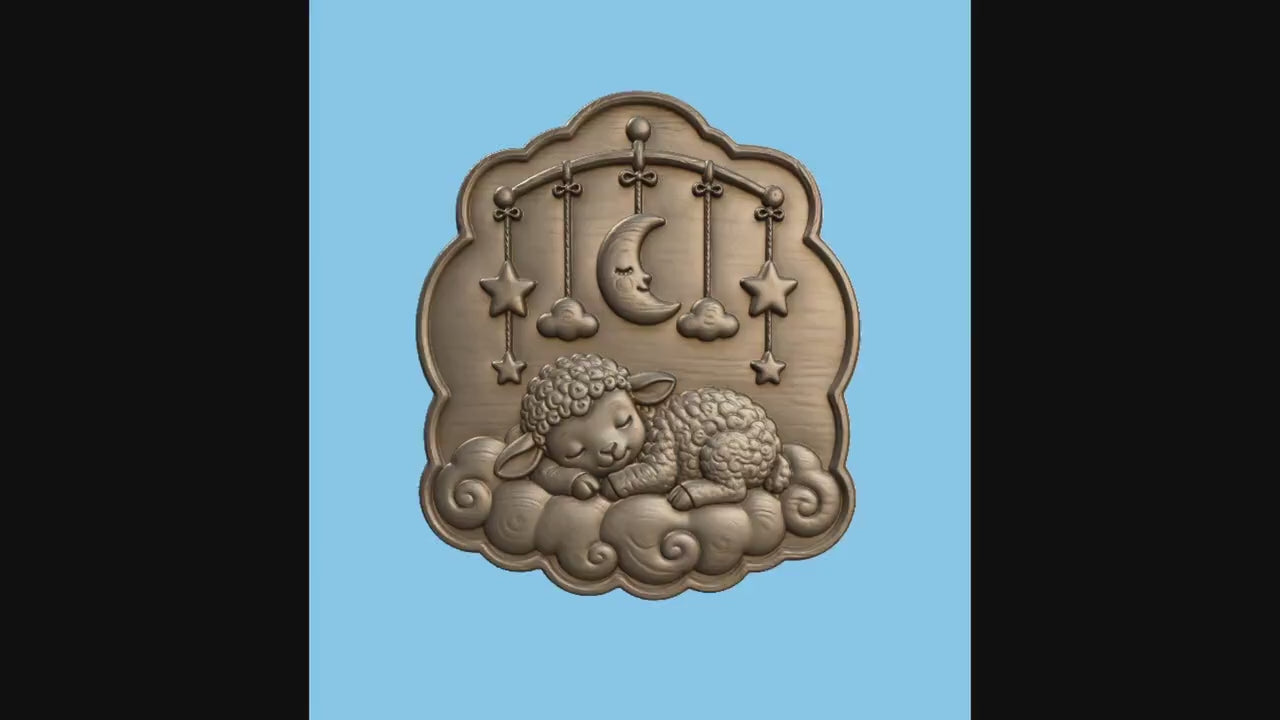 CNC & impression 3D agneau endormi sur nuages avec lune, fichier STL très haute qualité