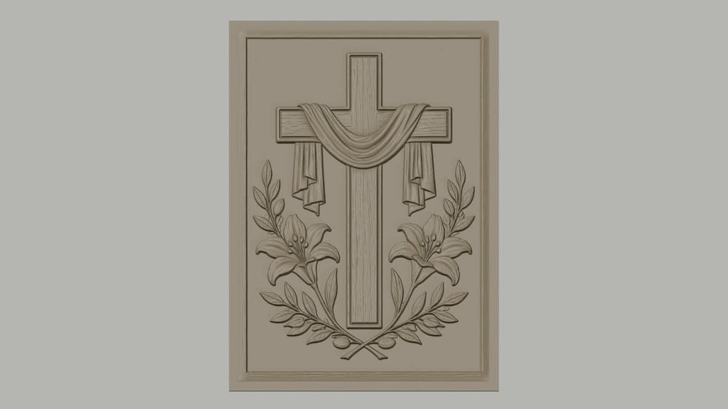 Fichier CNC & impression 3D Croix religieuse avec fleurs et drapé, haute qualité relief STL