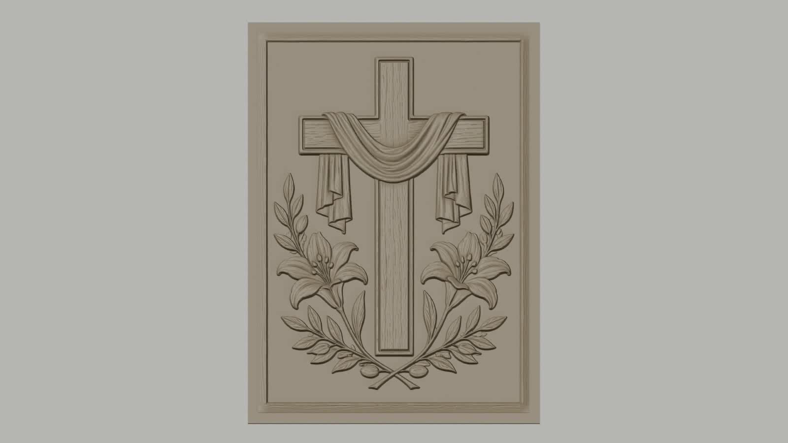 Fichier CNC & impression 3D Croix religieuse avec fleurs et drapé, haute qualité relief STL