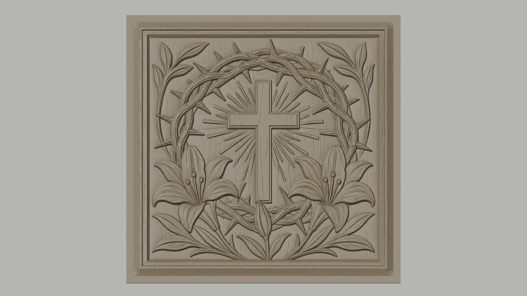 Fichier CNC & impression 3D croix chrétienne, couronne d’épines et lys, haute qualité relief STL