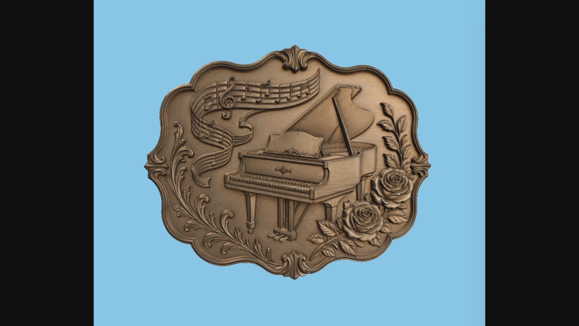 CNC & impression 3D relief piano floral avec notes de musique, décoration murale sculpture bois STL très haute qualité