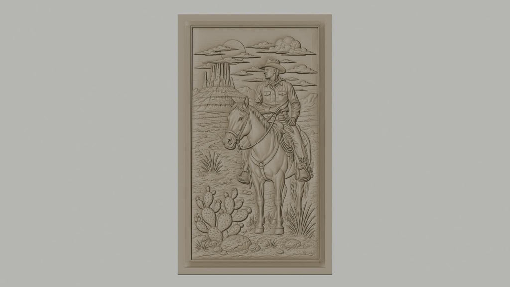 Fichier CNC & impression 3D cowboy à cheval désert cactus haute qualité relief STL