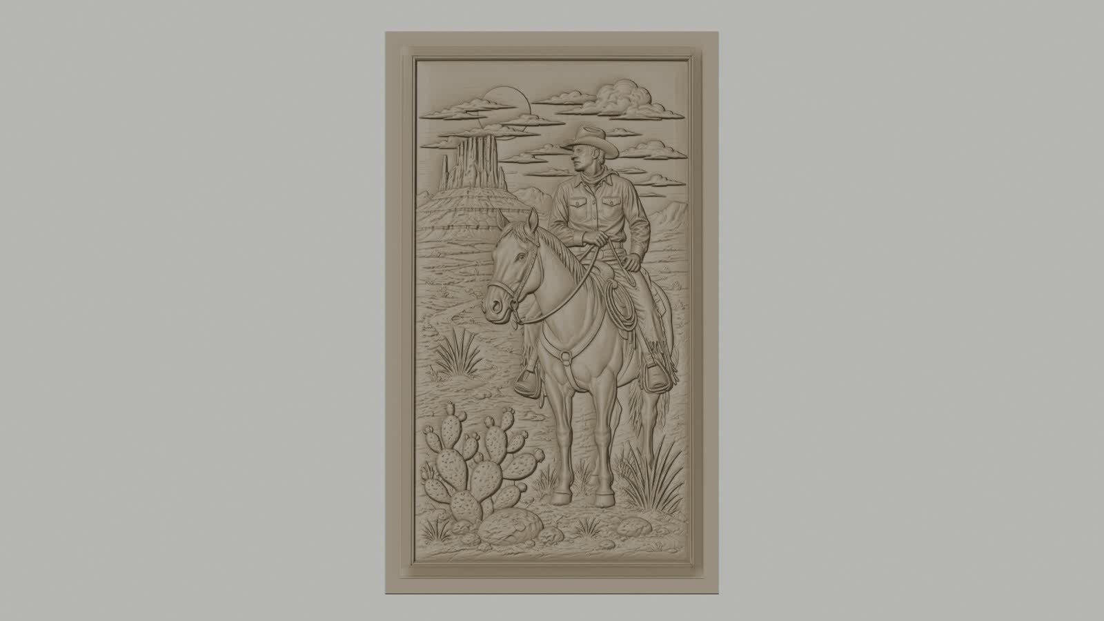 Fichier CNC & impression 3D cowboy à cheval désert cactus haute qualité relief STL