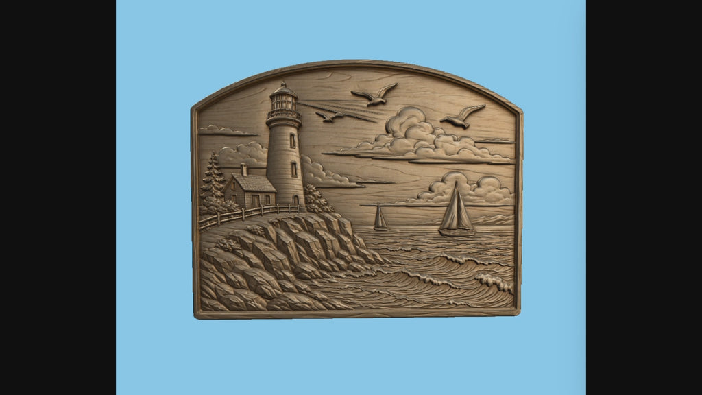 CNC & impression 3D relief phare côtier, voiliers, rochers et mer, sculpture bois fichier STL de haute qualité