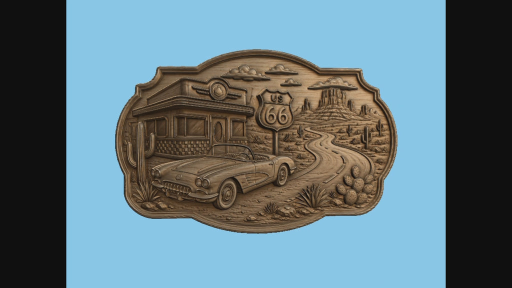CNC & impression 3D relief Route 66 western, diner rétro, voiture classique et désert américain, fichier STL très haute qualité
