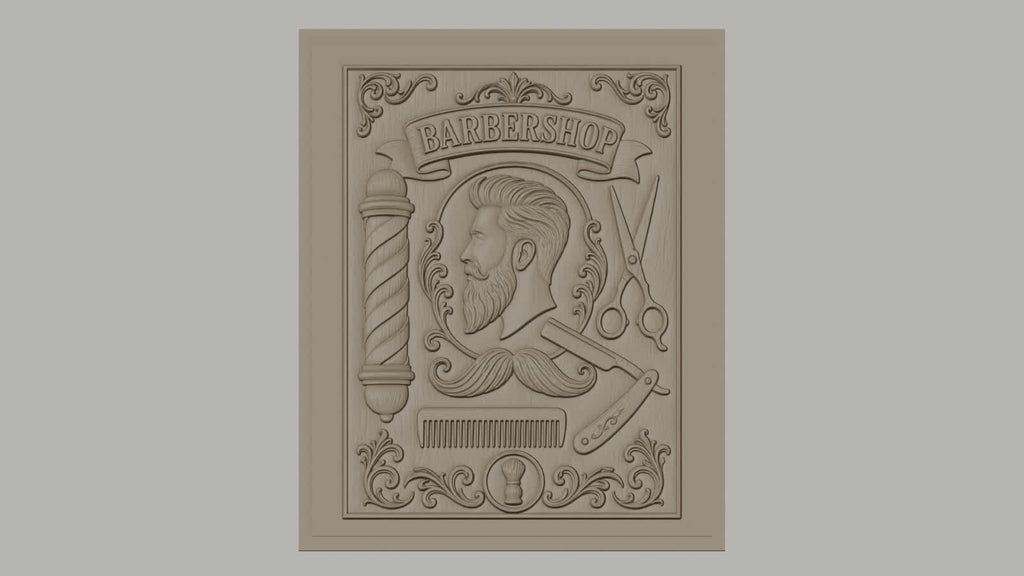 Fichier CNC & impression 3D barbershop, portrait homme, ciseaux, rasoir, peigne, décor vintage, haute qualité relief STL