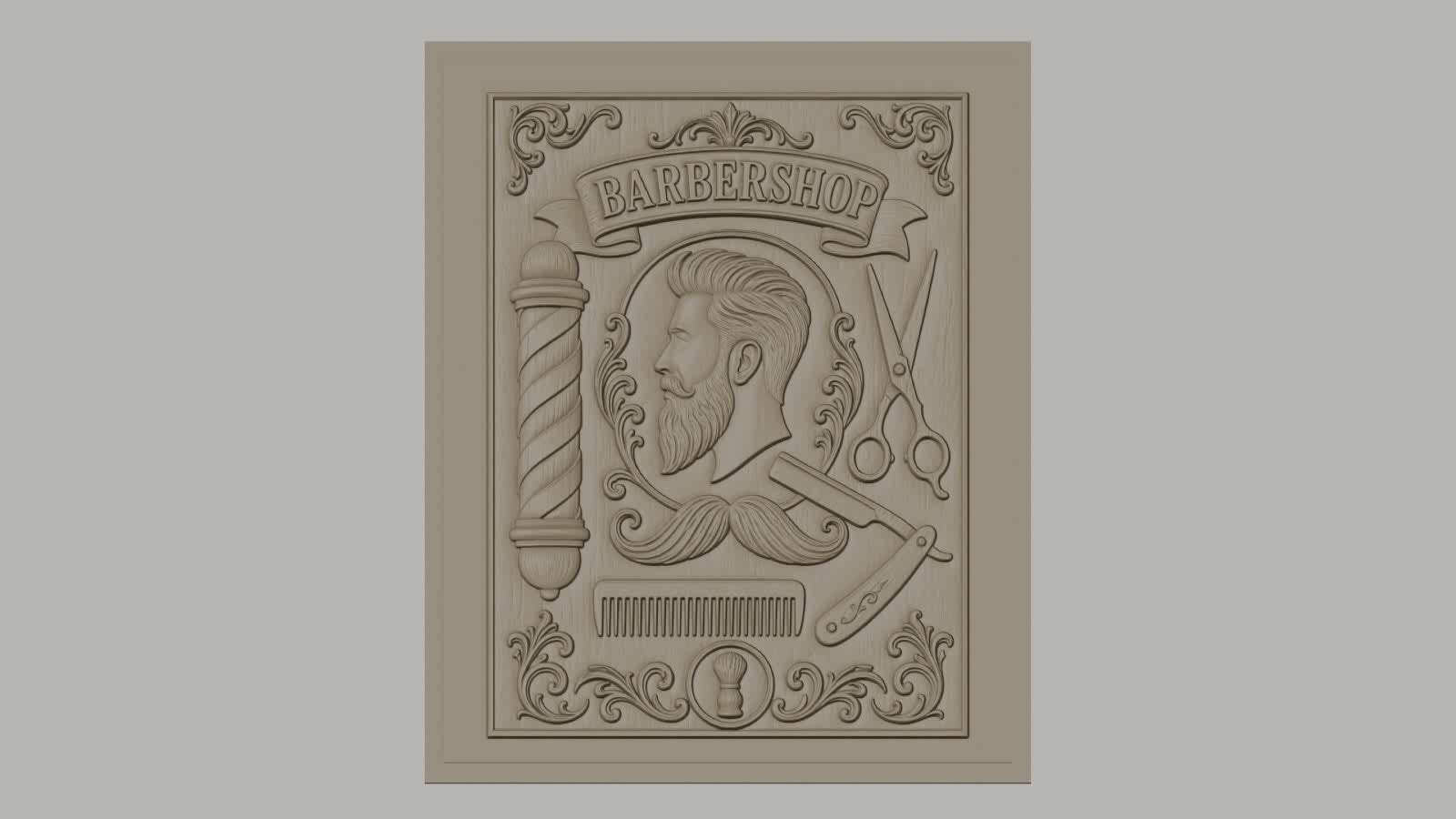 Fichier CNC & impression 3D barbershop, portrait homme, ciseaux, rasoir, peigne, décor vintage, haute qualité relief STL