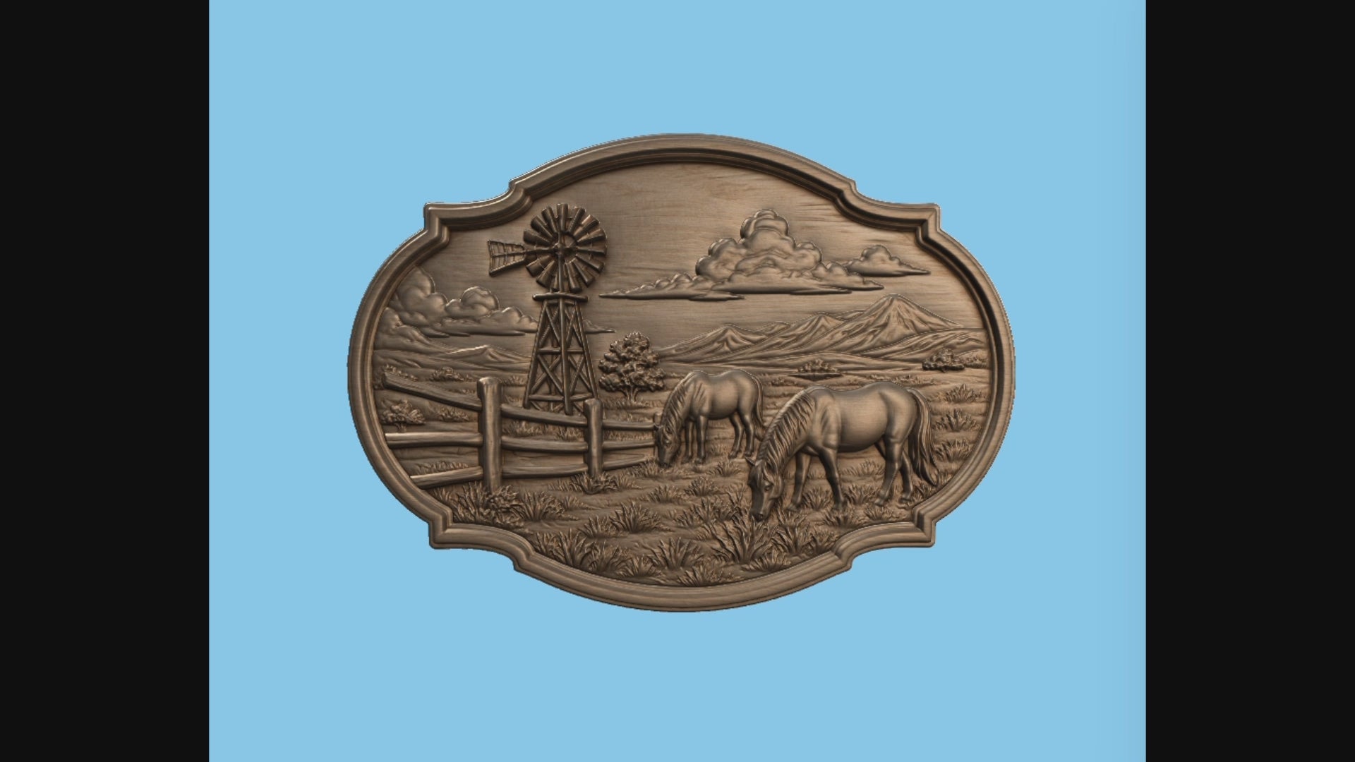 CNC & impression 3D relief western avec chevaux, ranch, moulin à vent et paysage montagne, fichier STL très haute qualité
