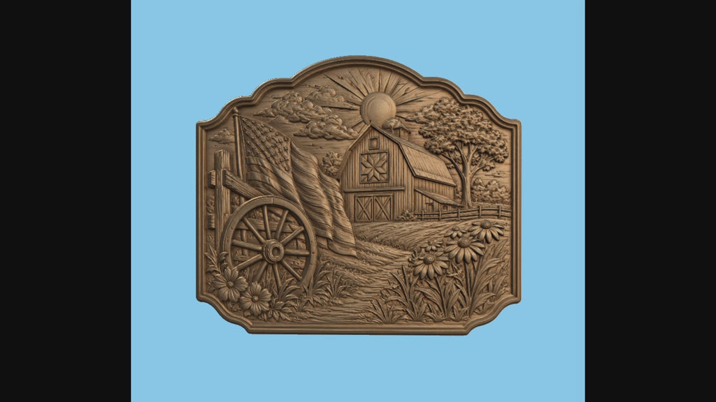 CNC & impression 3D relief ferme américaine, grange country avec drapeau et roue de chariot, fichier STL haute qualité