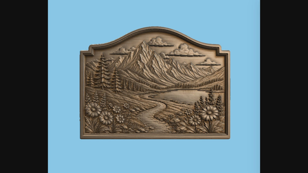 CNC & impression 3D relief paysage de montagne, lac alpin, sapins et fleurs, fichier STL très haute qualité