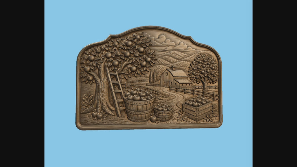 CNC & impression 3D relief verger de pommes, ferme rustique, panneau bois décoratif, fichier STL très haute qualité