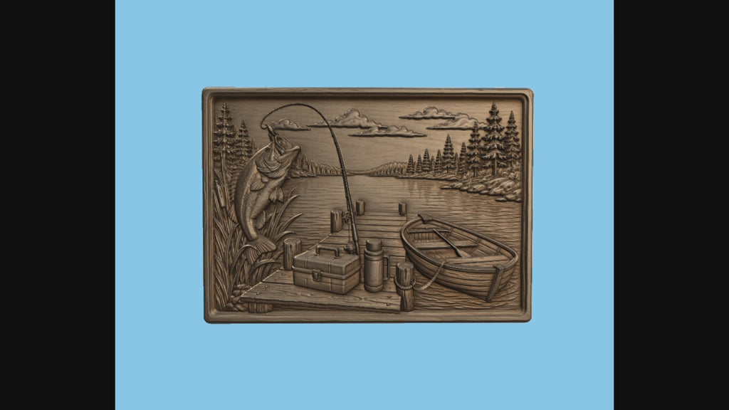 CNC & impression 3D scène de pêche au lac, poisson, barque et ponton, relief bois décor chalet, fichier STL très haute qualité