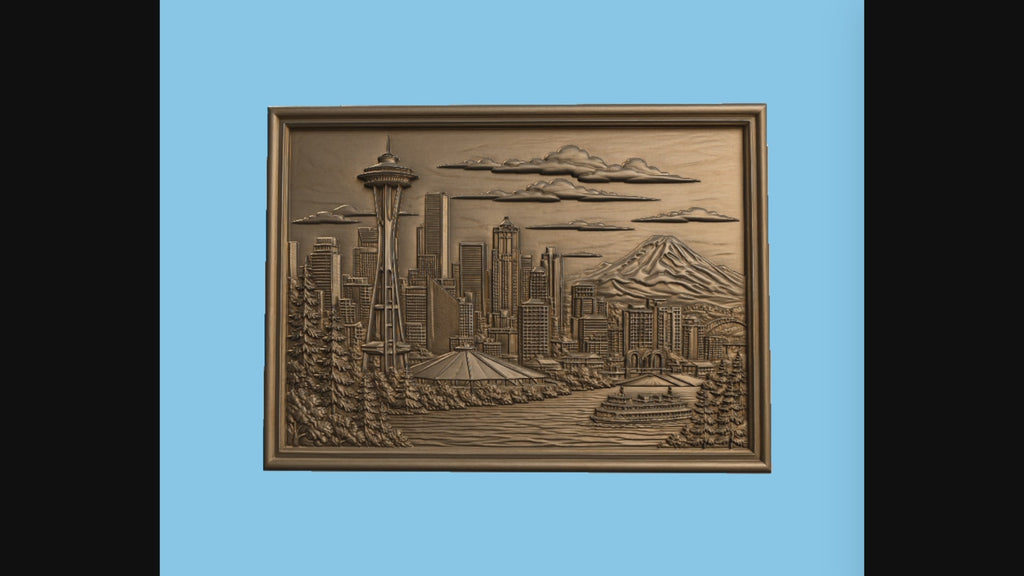 CNC & impression 3D relief Seattle skyline, Space Needle, mont Rainier et ferry, sculpture bois fichier STL haute qualité