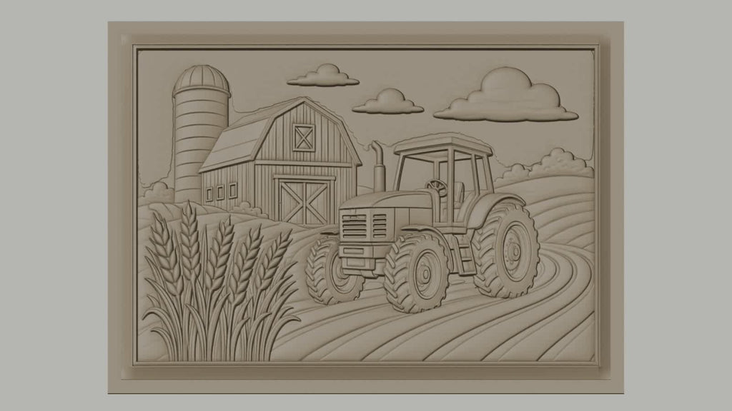 Fichier CNC & impression 3D ferme avec tracteur et silo, champ de blé, haute qualité relief STL