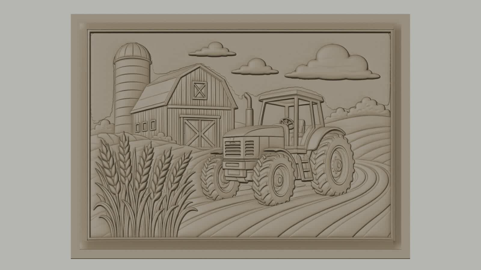 Fichier CNC & impression 3D ferme avec tracteur et silo, champ de blé, haute qualité relief STL