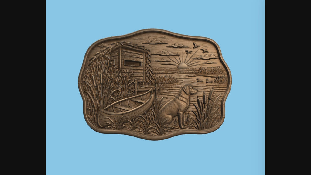 CNC & impression 3D relief chien de chasse au marais, canards, cabane et canoë, fichier STL très haute qualité