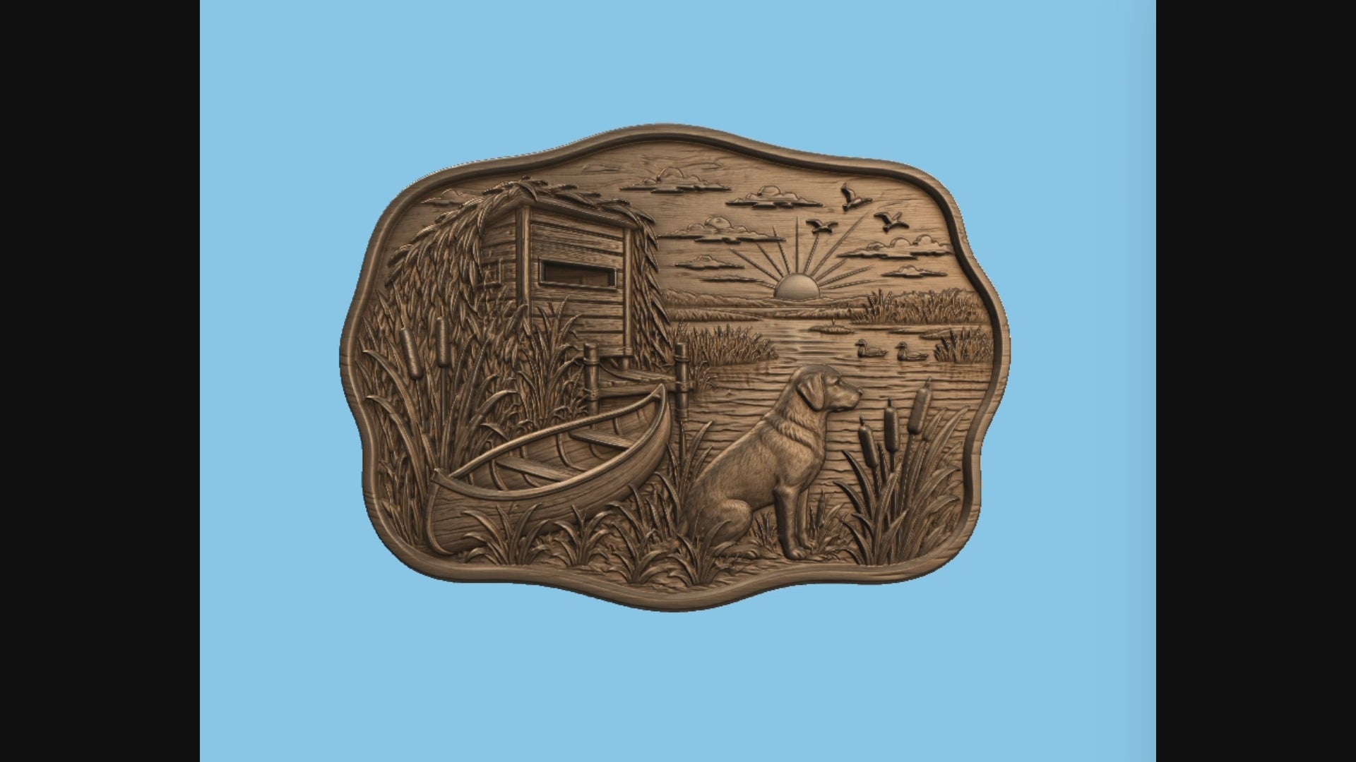 CNC & impression 3D relief chien de chasse au marais, canards, cabane et canoë, fichier STL très haute qualité