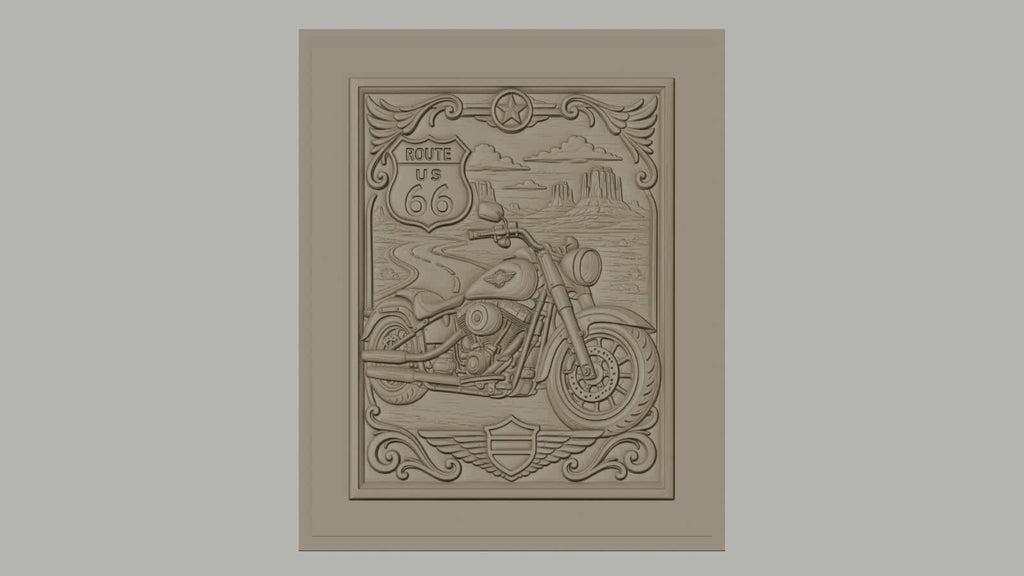 Fichier CNC & impression 3D Route 66 moto, paysage désert relief décoratif, haute qualité relief STL