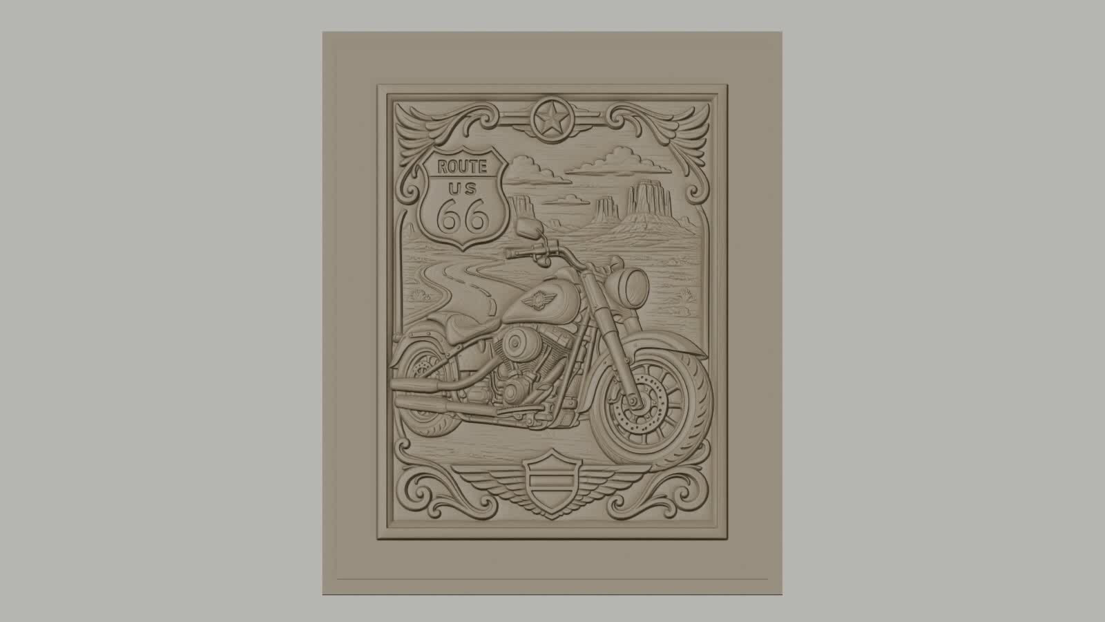 Fichier CNC & impression 3D Route 66 moto, paysage désert relief décoratif, haute qualité relief STL