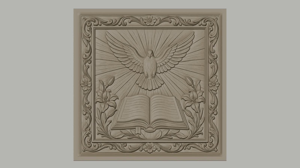 Fichier CNC & impression 3D colombe sacrée, livre ouvert fleurs et cadre ornemental, haute qualité relief STL