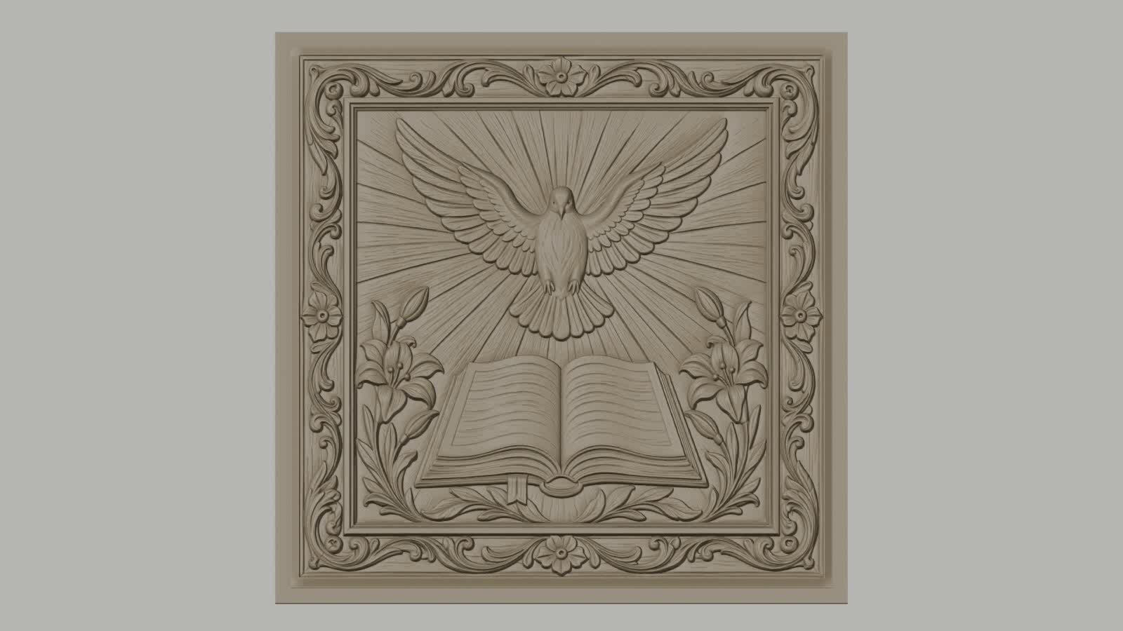 Fichier CNC & impression 3D colombe sacrée, livre ouvert fleurs et cadre ornemental, haute qualité relief STL
