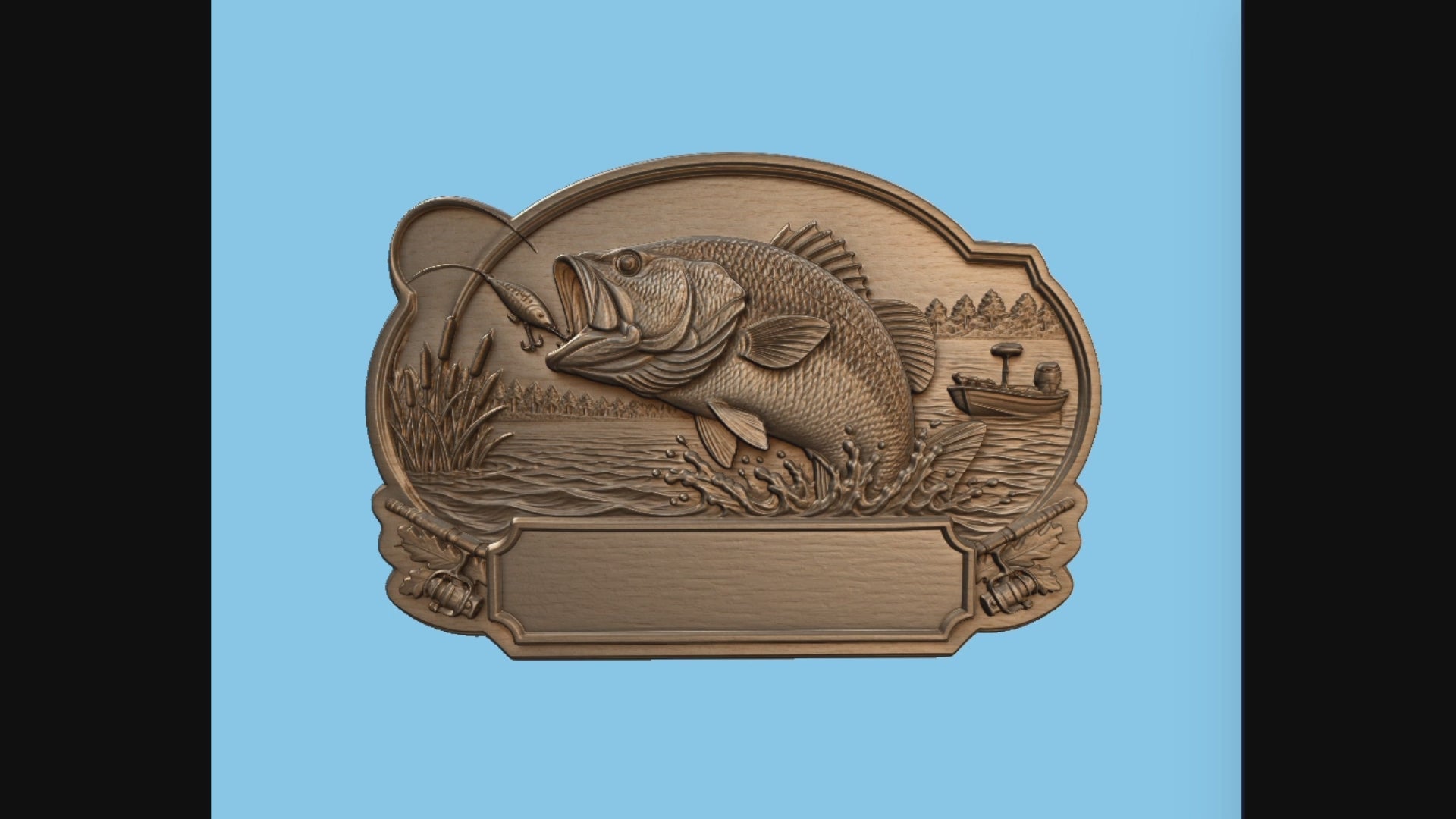 CNC & impression 3D relief pêche bass avec leurre, bateau et plaque à personnaliser, fichier STL très haute qualité