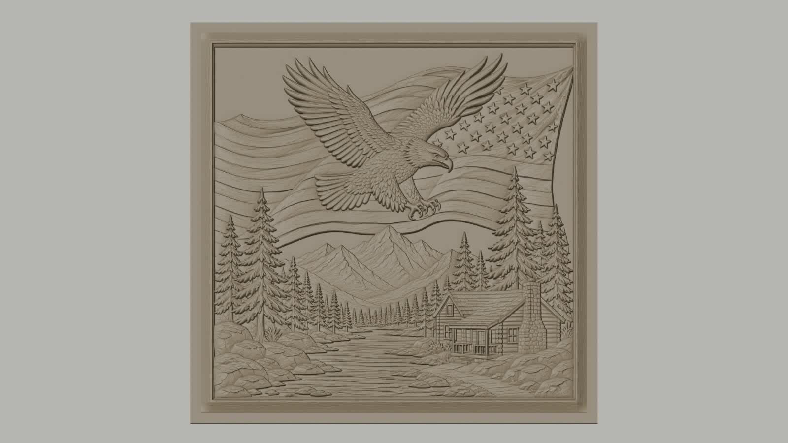 Fichier CNC & impression 3D nature américaine, aigle américain, drapeau USA, paysage montagne, chalet, haute qualité relief STL