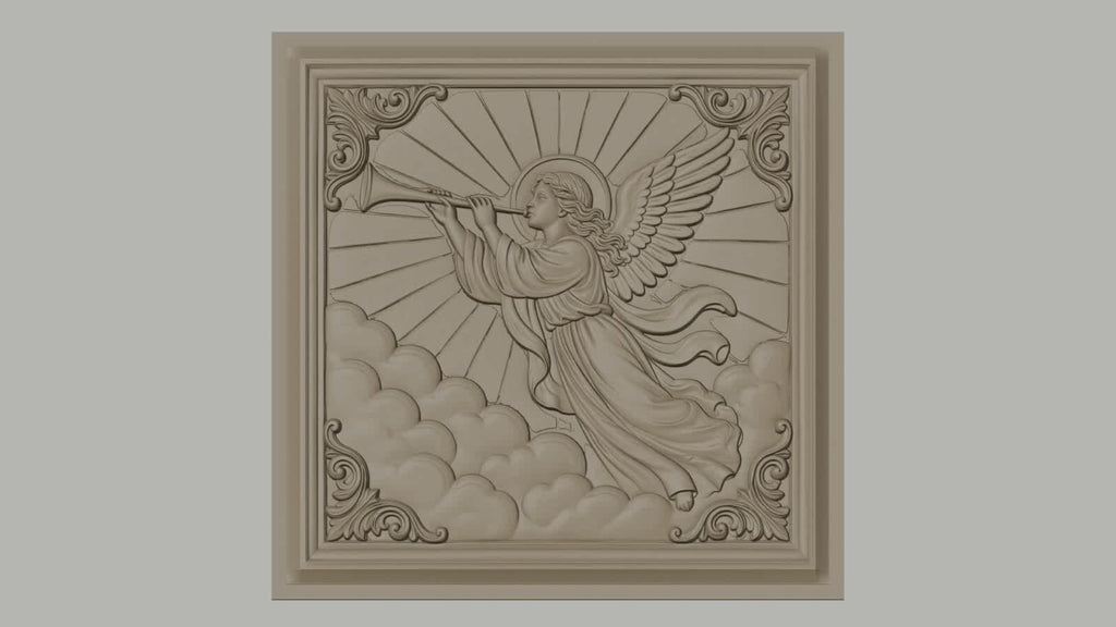 Fichier CNC & impression 3D ange trompettiste, nuages et rayons célestes, haute qualité relief STL