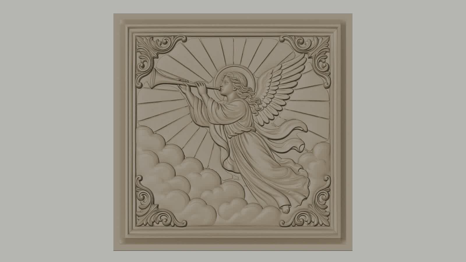 Fichier CNC & impression 3D ange trompettiste, nuages et rayons célestes, haute qualité relief STL