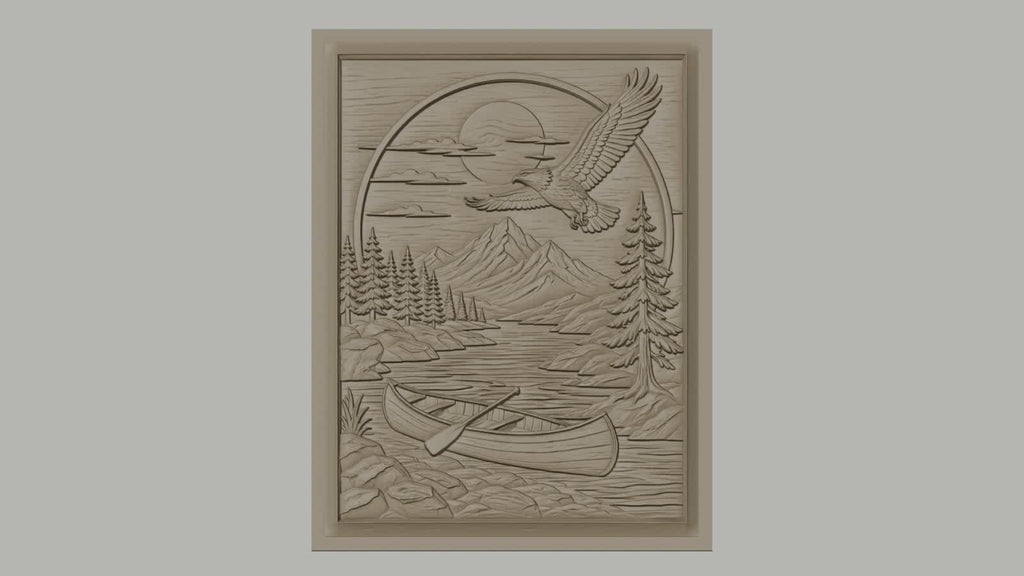Fichier CNC & impression 3D nature sauvage, rivière, canoë, aigle et montagne, haute qualité relief STL