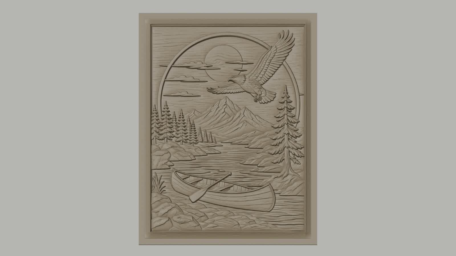 Fichier CNC & impression 3D nature sauvage, rivière, canoë, aigle et montagne, haute qualité relief STL