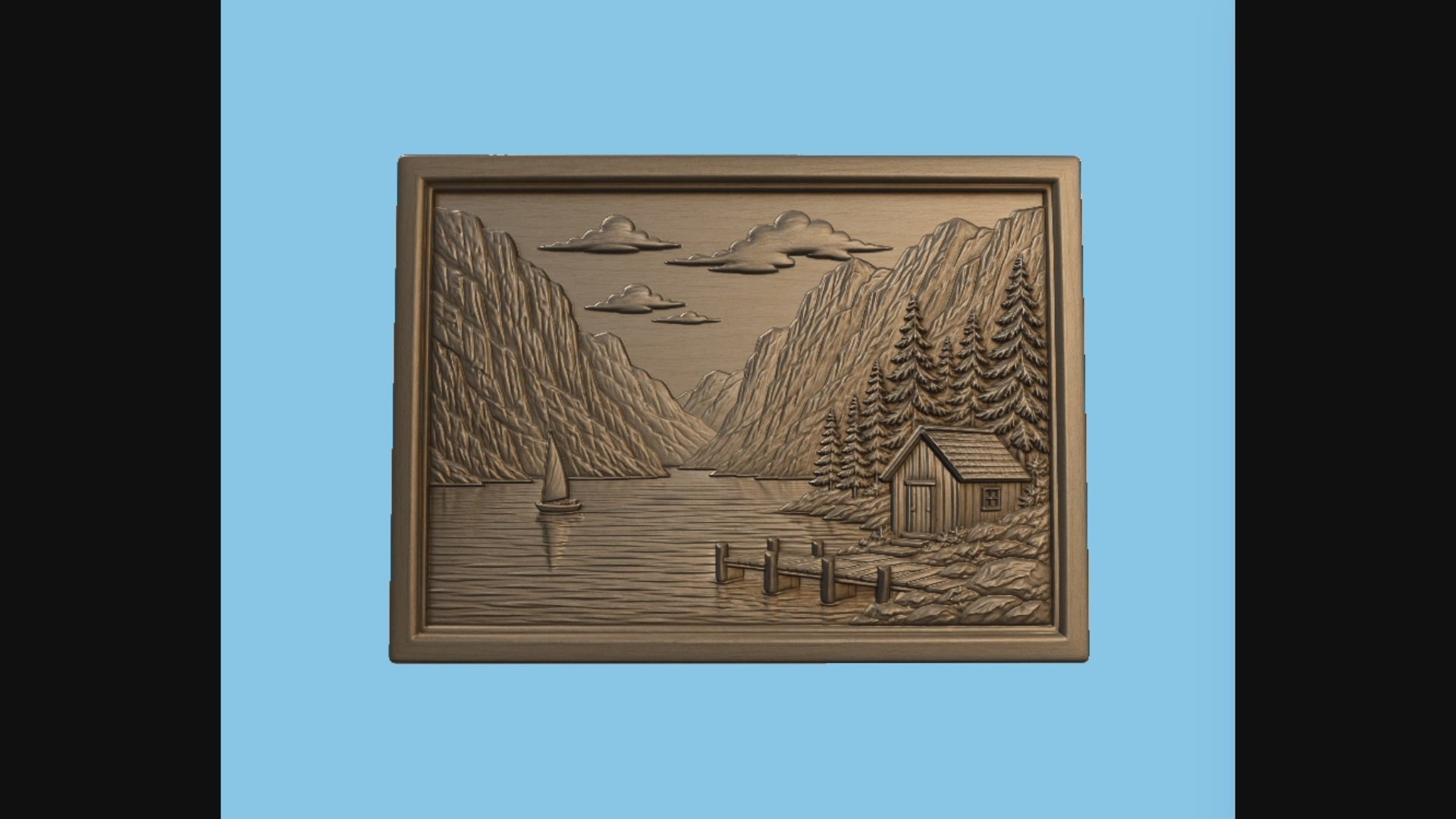 CNC & impression 3D relief paysage alpin, lac, chalet, voilier et montagnes, sculpture bois fichier STL