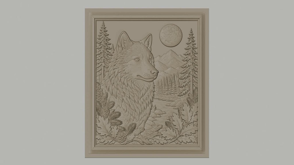 Fichier CNC & impression 3D loup sauvage, paysage nature, montagne, forêt, pleine lune, haute qualité relief STL