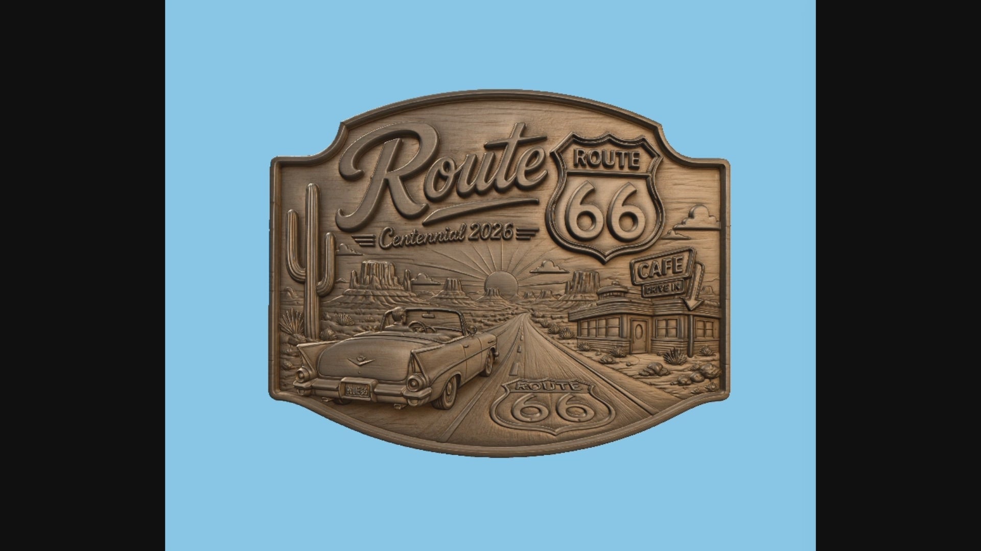 CNC & impression 3D relief Route 66 Centennial 2026, voiture classique, café drive-in, désert, fichier STL
