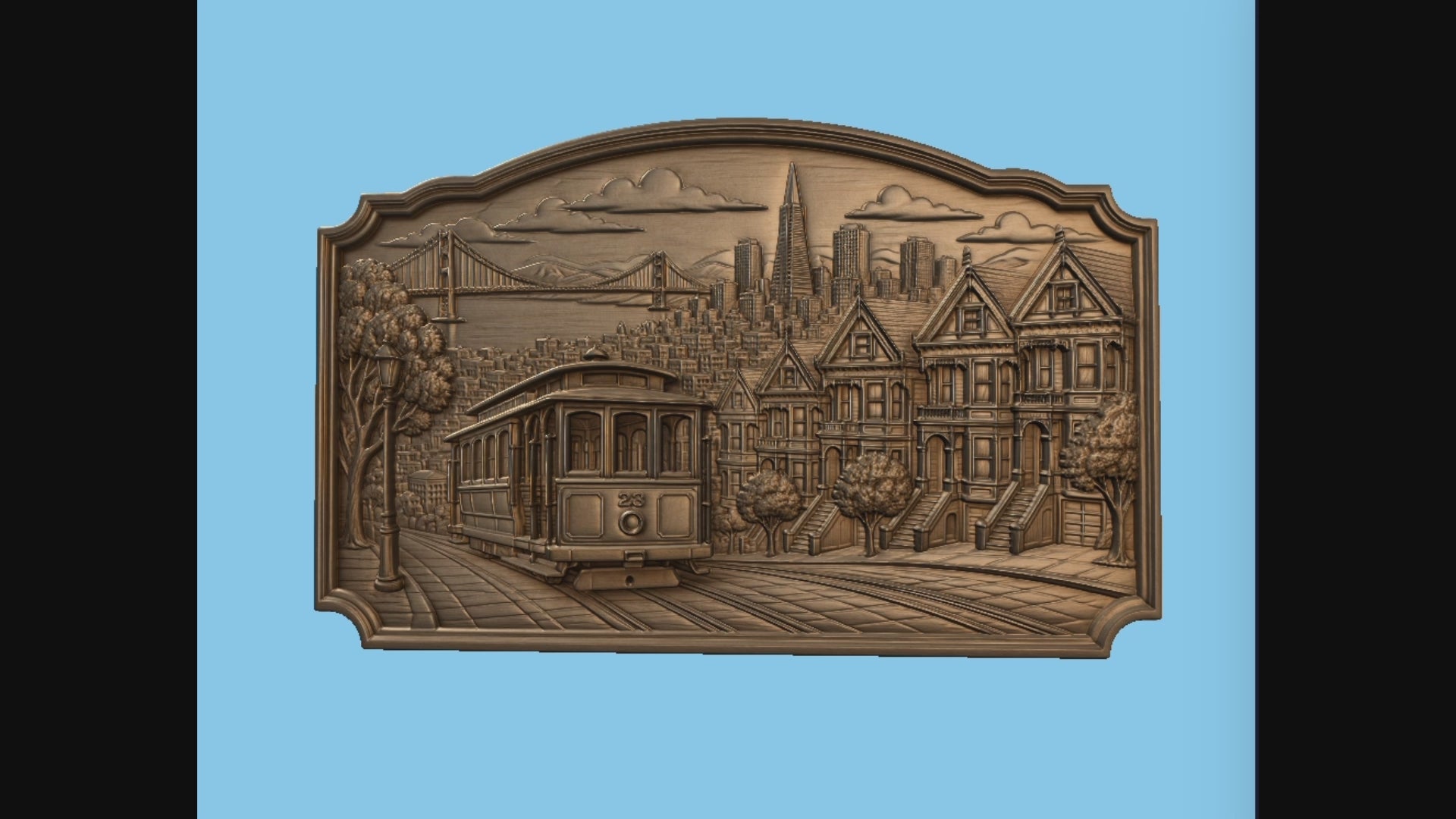 CNC & impression 3D relief San Francisco, cable car, maisons victoriennes et Golden Gate, sculpture bois fichier STL haute qualité