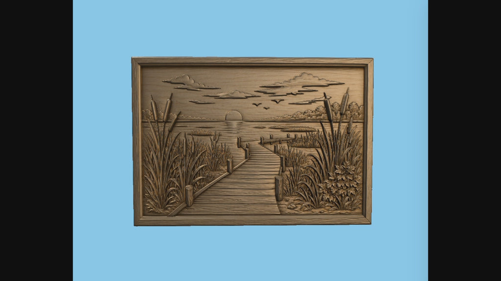 CNC & impression 3D relief ponton au bord du lac, roseaux, coucher de soleil et paysage nature, fichier STL haute qualité