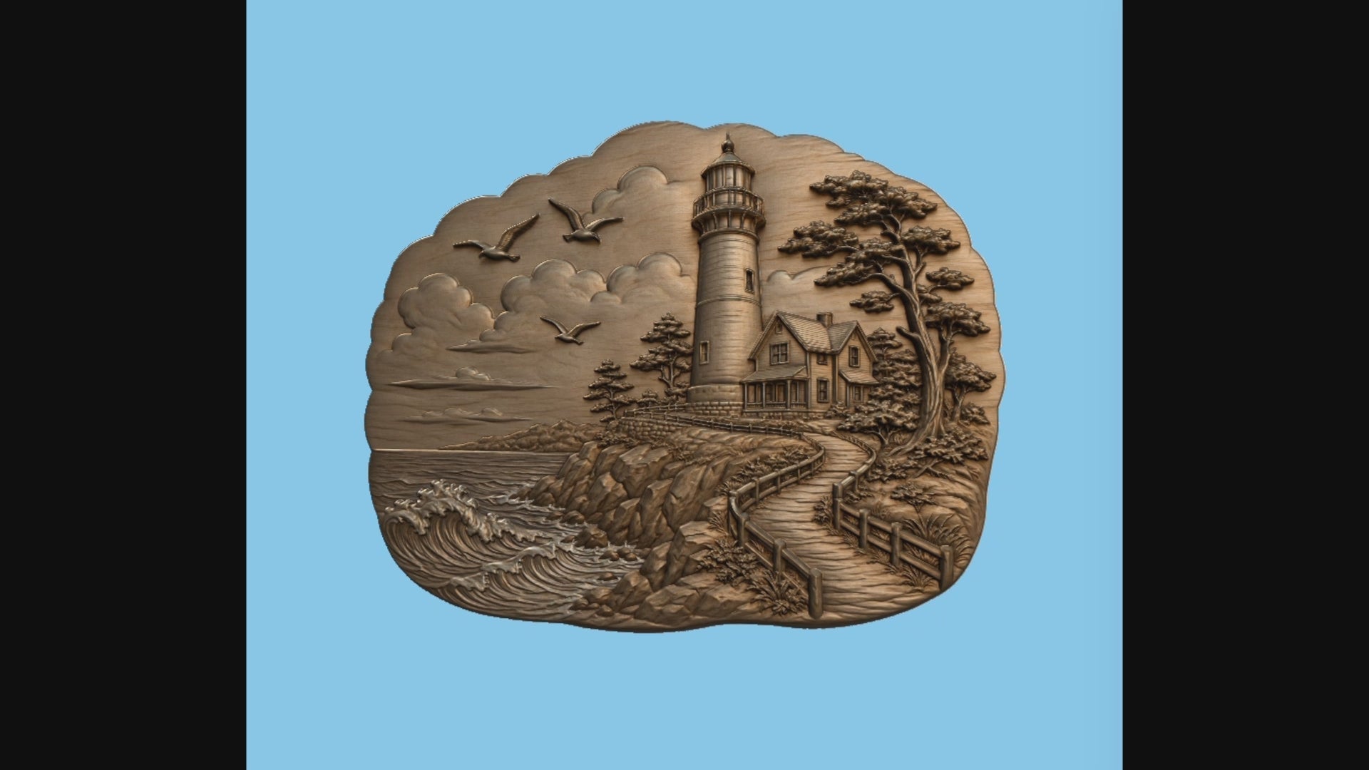 CNC & impression 3D relief phare côtier, maison bord de mer, vagues et chemin, sculpture bois fichier STL haute qualité