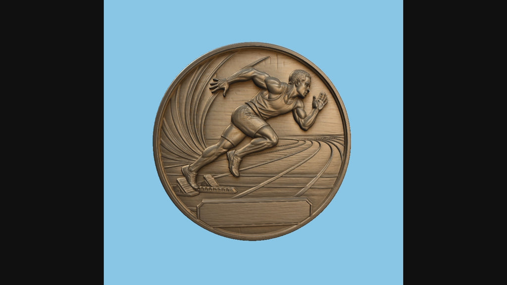 CNC & impression 3D relief sprinter athlétisme, coureur sur piste, médaille sportive avec plaque, fichier STL