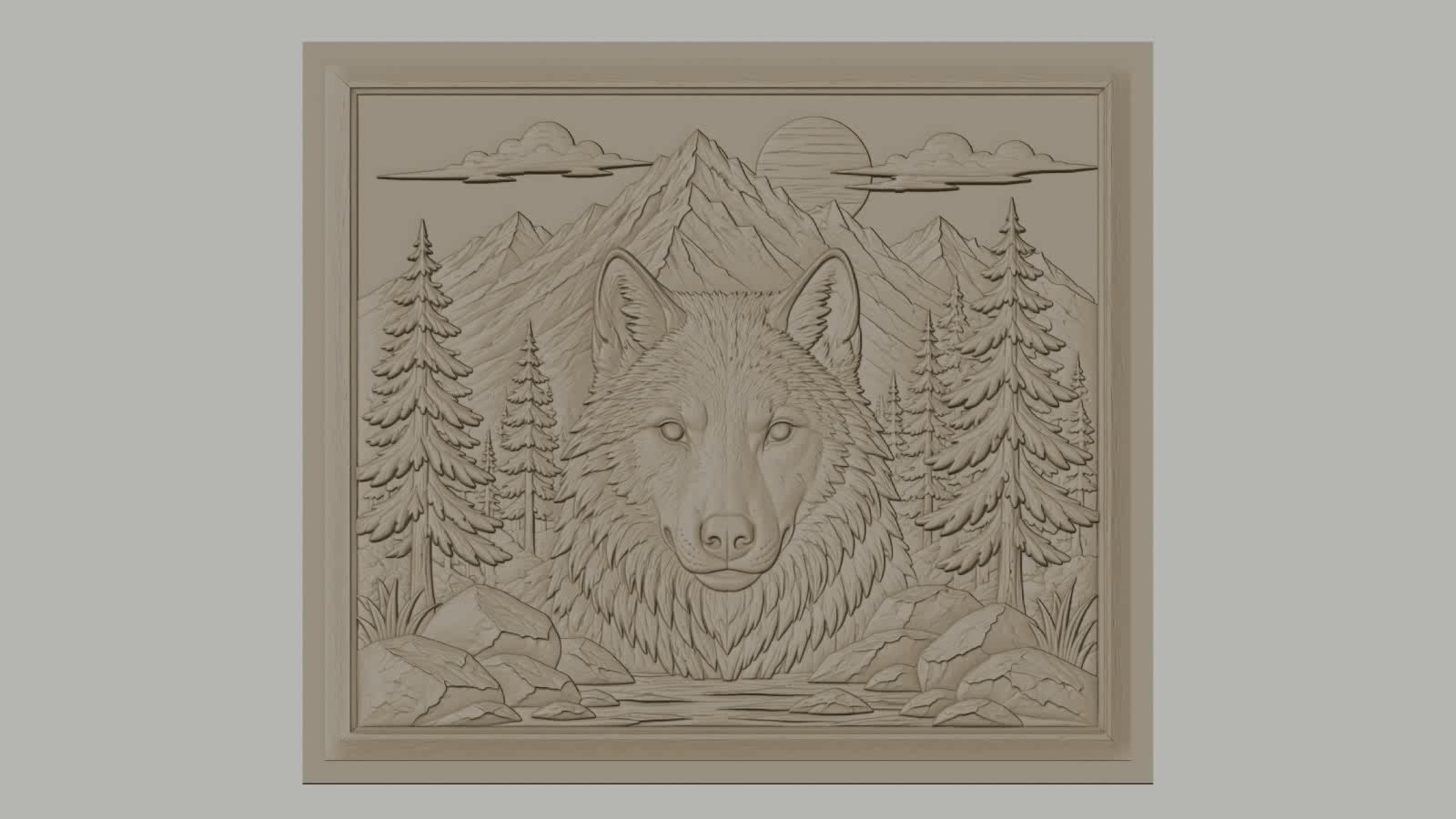 Fichier CNC & impression 3D loup montagne forêt rochers haute qualité relief STL