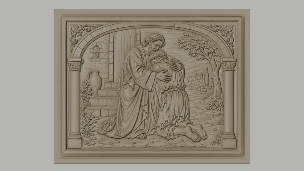 Fichier CNC & impression 3D père miséricordieux, scène biblique d’étreinte et pardon, haute qualité relief STL