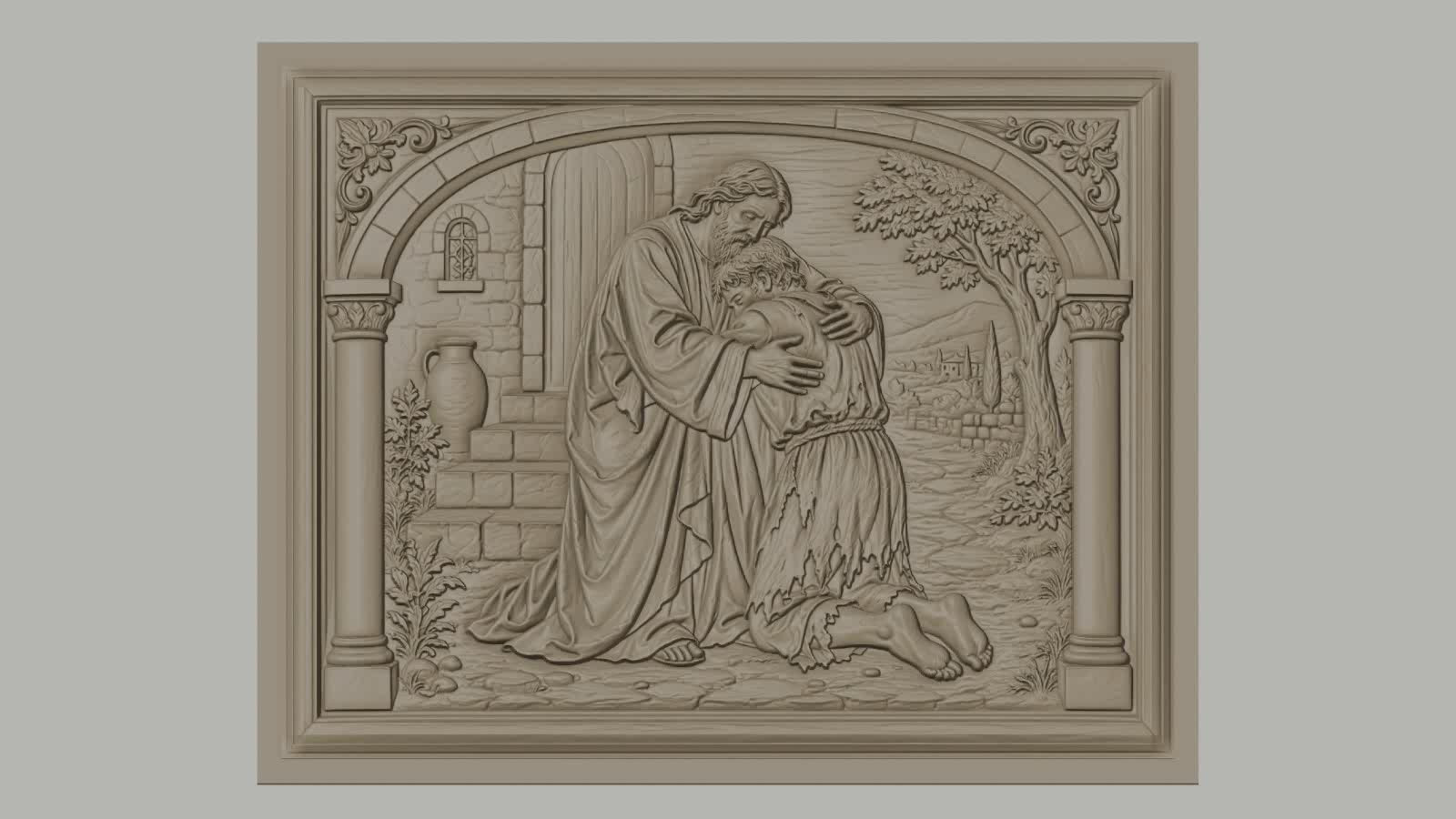 Fichier CNC & impression 3D père miséricordieux, scène biblique d’étreinte et pardon, haute qualité relief STL