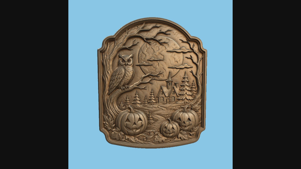 CNC & impression 3D relief Halloween avec chouette, maison hantée, pleine lune et citrouilles, fichier STL haute qualité