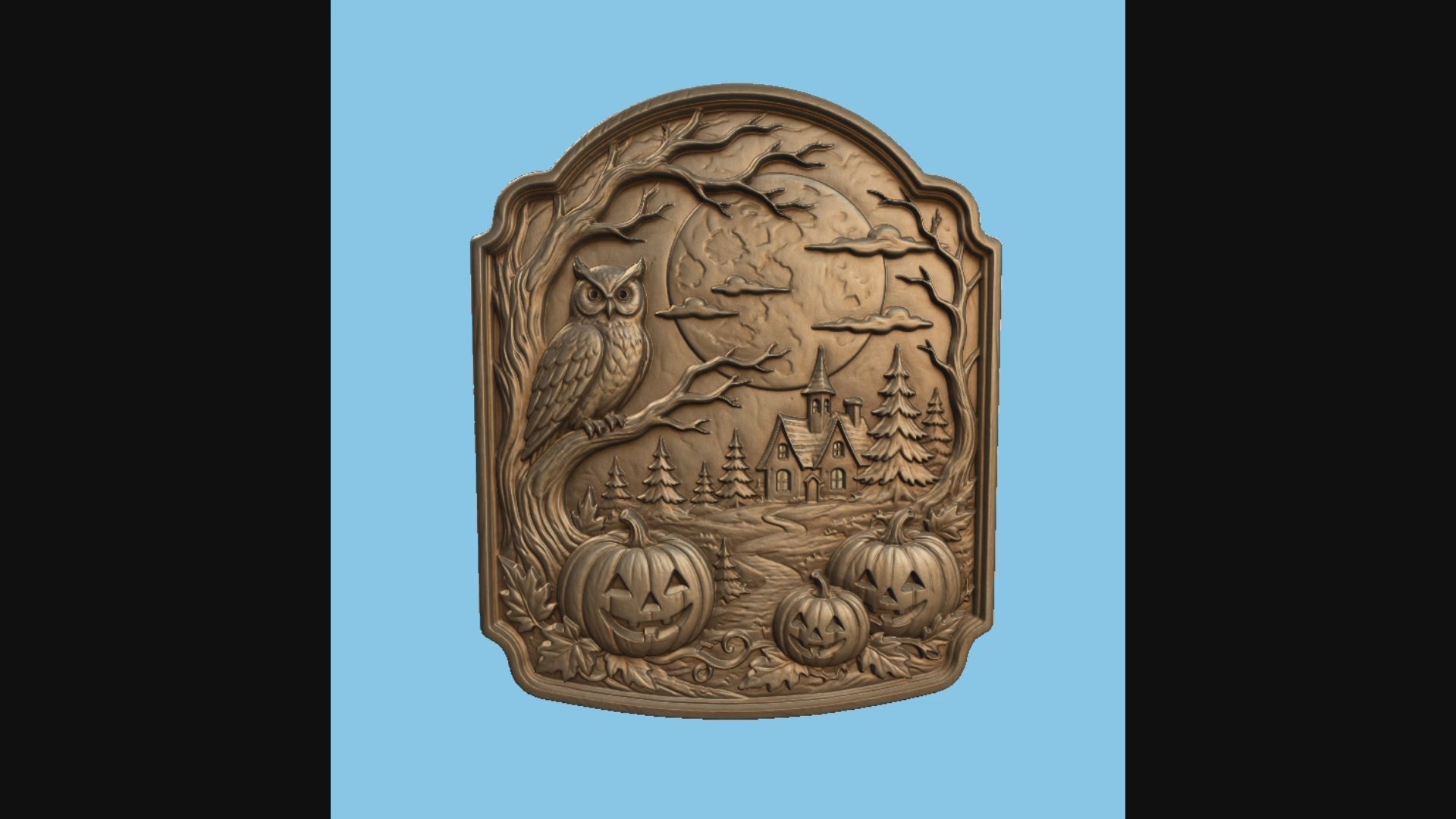 CNC & impression 3D relief Halloween avec chouette, maison hantée, pleine lune et citrouilles, fichier STL haute qualité