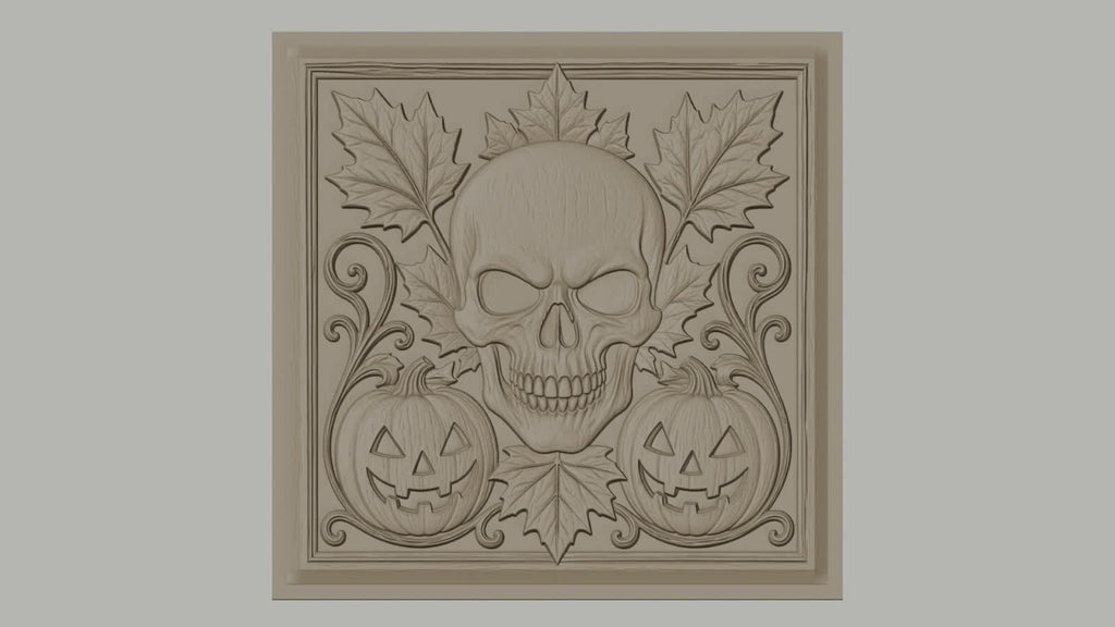 Fichier CNC & impression 3D Halloween, crâne, citrouilles jack-o'-lantern et feuilles d'automne, haute qualité relief STL