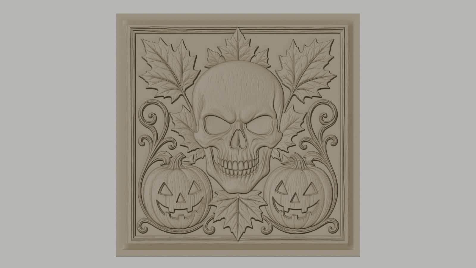 Fichier CNC & impression 3D Halloween, crâne, citrouilles jack-o'-lantern et feuilles d'automne, haute qualité relief STL