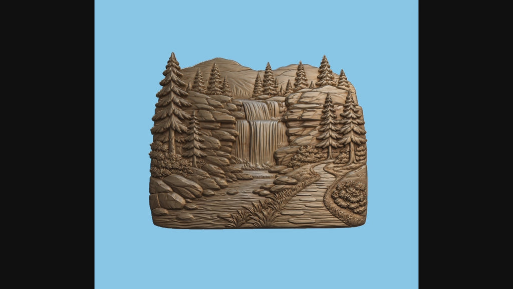 CNC & impression 3D relief cascade en forêt, paysage montagne sapins, chemin nature, sculpture bois fichier STL haute qualité