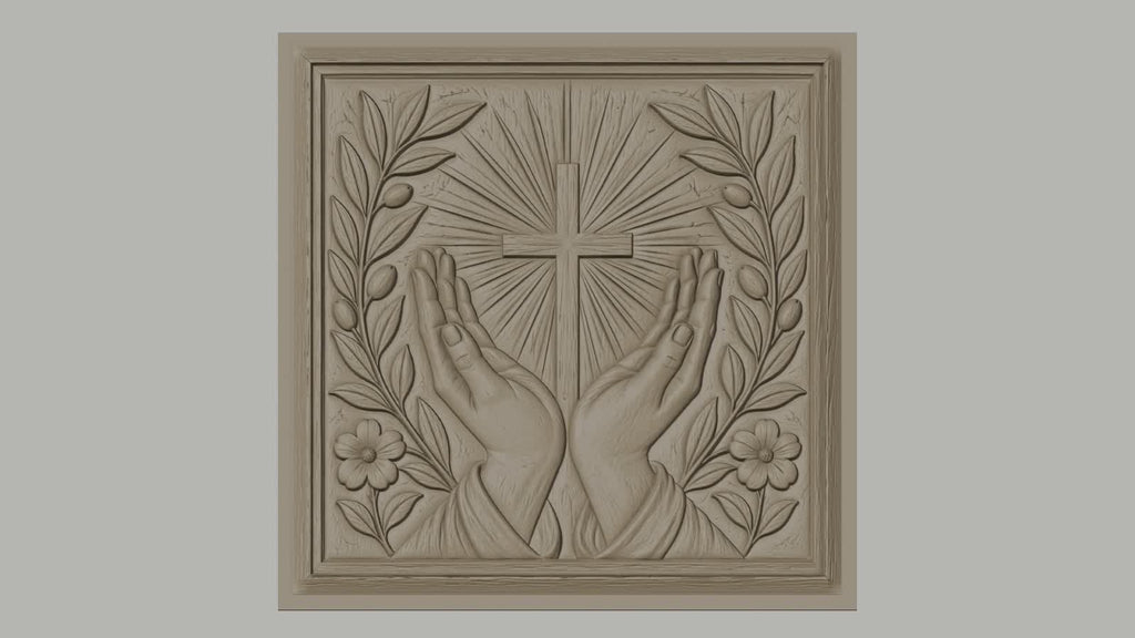 Fichier CNC & impression 3D chrétien, mains en prière, croix et feuillage floral, haute qualité relief STL